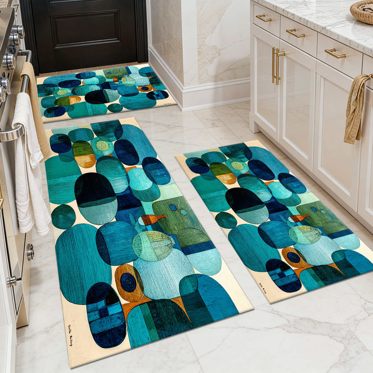 Three-piece kitchen rug set, non-slip and washable, abstract pattern kitchen hallway rug, soft and comfortable, suitable for sinks, floors, entrances, hallways and bathrooms.
