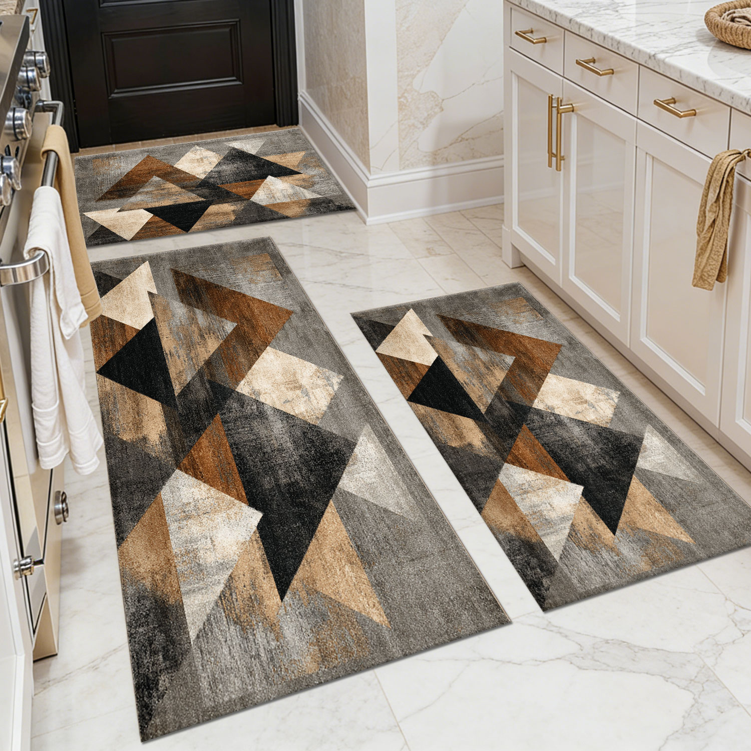 Three-piece kitchen rug set, non-slip and washable, abstract pattern kitchen hallway rug, soft and comfortable, suitable for sinks, floors, entrances, hallways and bathrooms.
