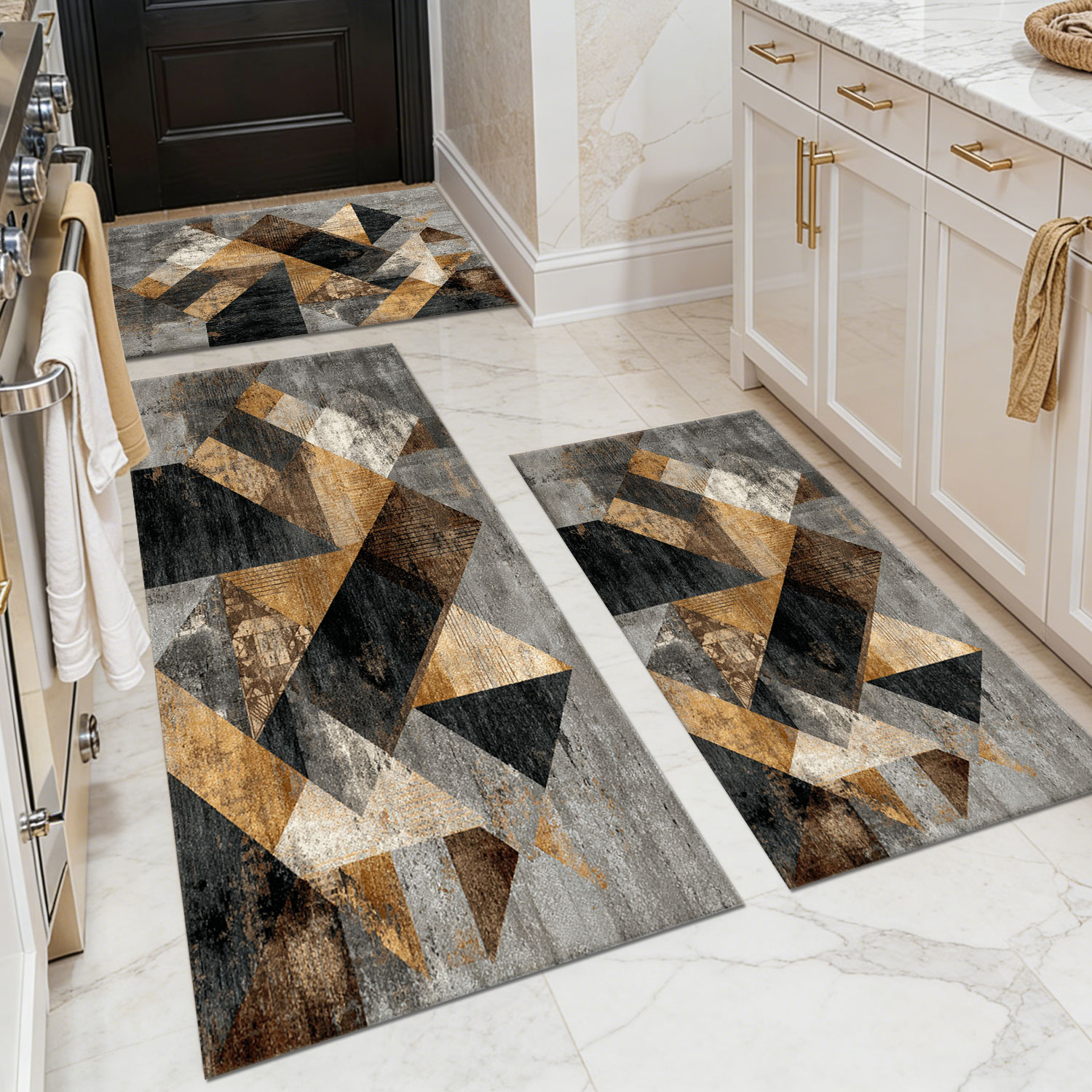 Three-piece kitchen rug set, non-slip and washable, abstract pattern kitchen hallway rug, soft and comfortable, suitable for sinks, floors, entrances, hallways and bathrooms.