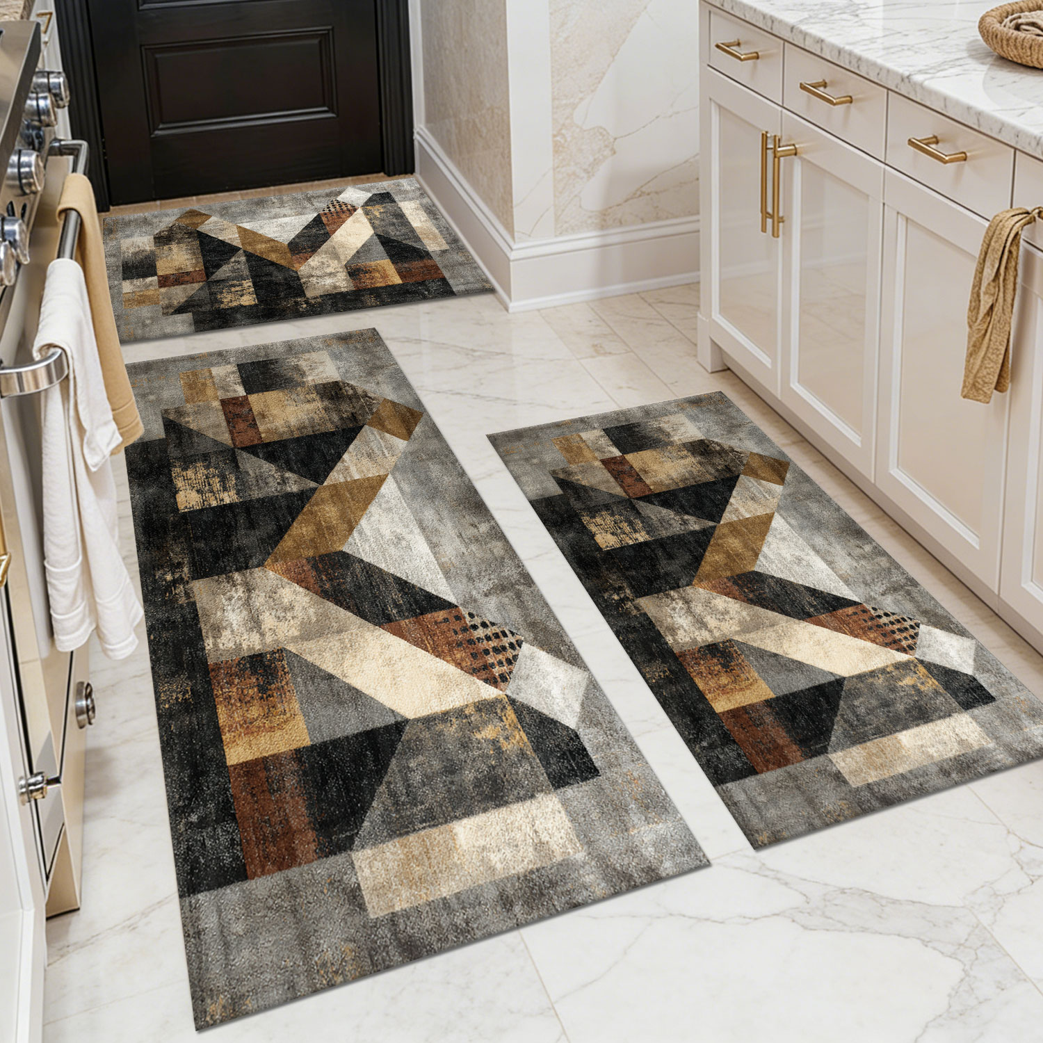 Three-piece kitchen rug set, non-slip and washable, abstract pattern kitchen hallway rug, soft and comfortable, suitable for sinks, floors, entrances, hallways and bathrooms.