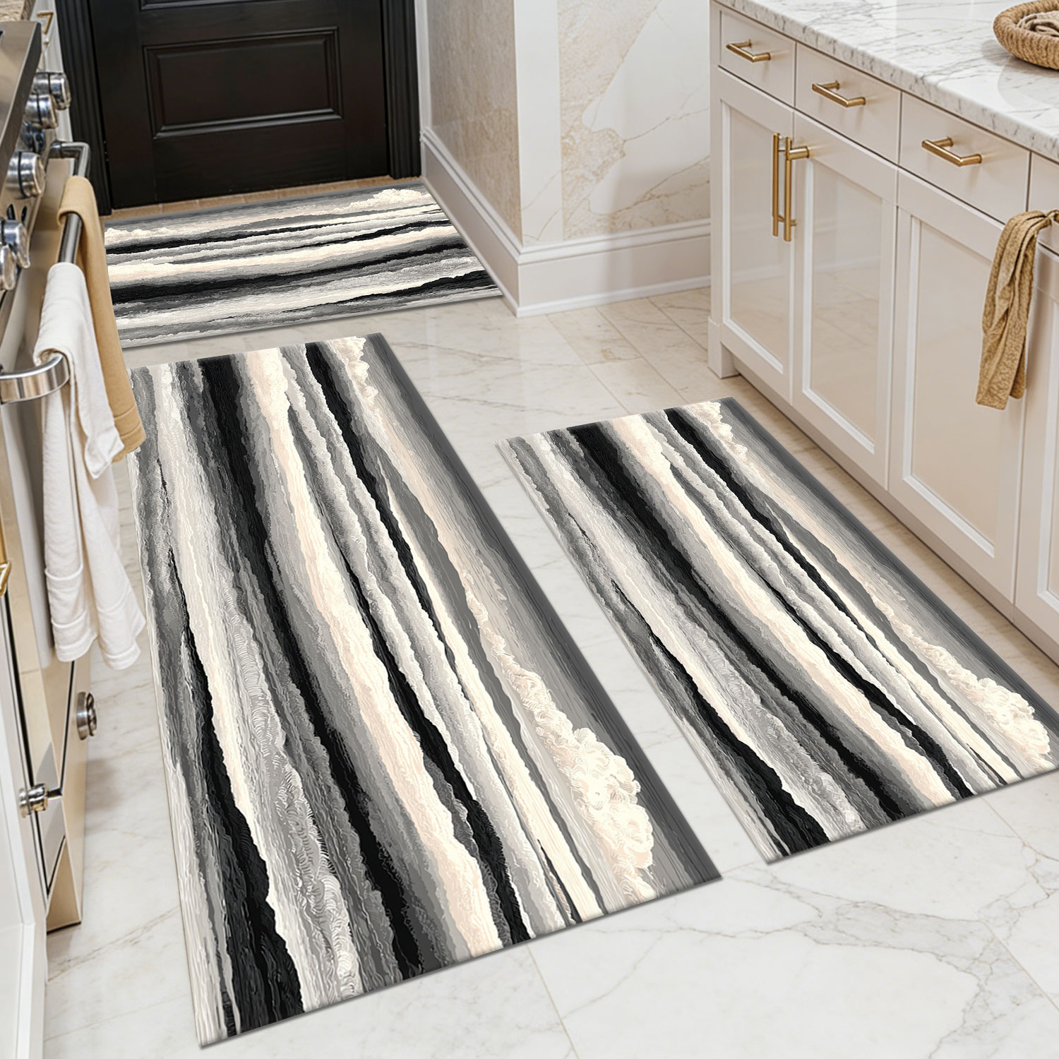Three-piece kitchen rug set, non-slip and washable, abstract pattern kitchen hallway rug, soft and comfortable, suitable for sinks, floors, entrances, hallways and bathrooms.