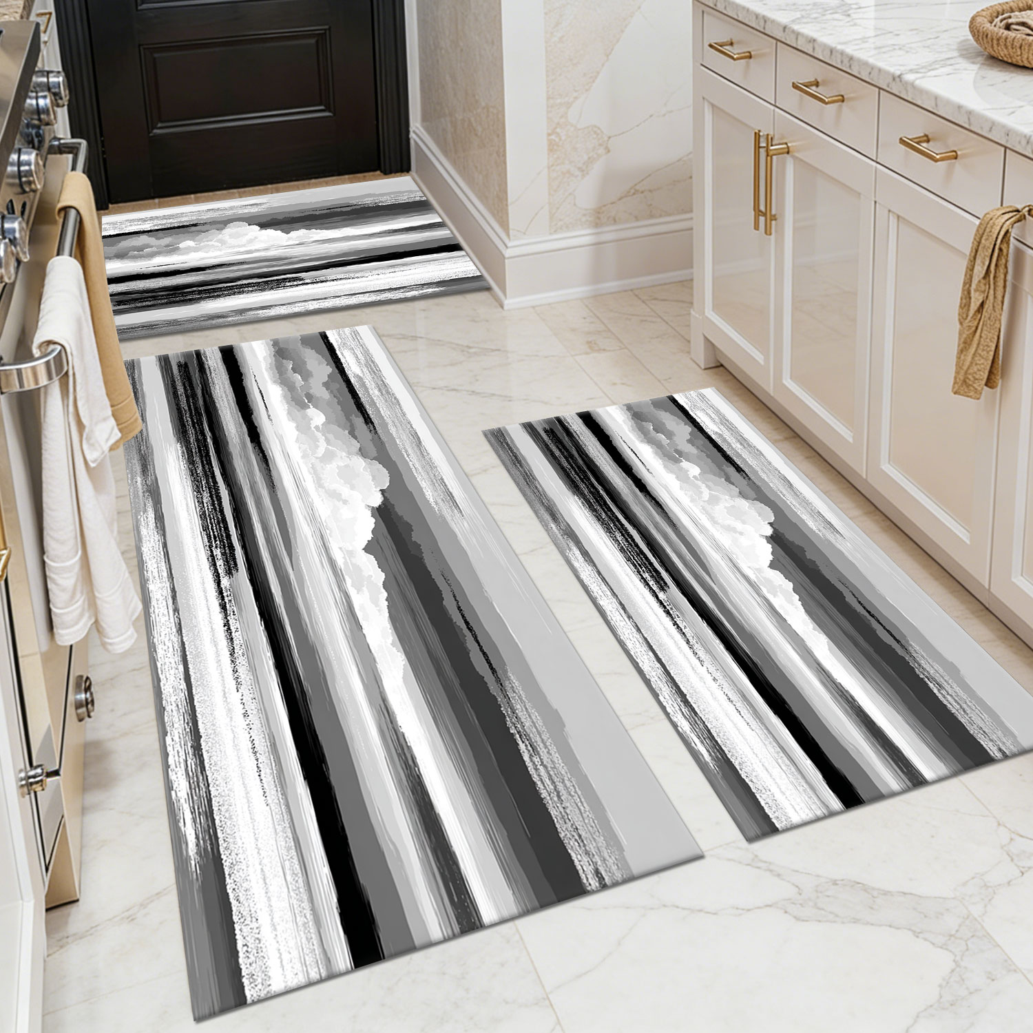 Three-piece kitchen rug set, non-slip and washable, abstract pattern kitchen hallway rug, soft and comfortable, suitable for sinks, floors, entrances, hallways and bathrooms.
