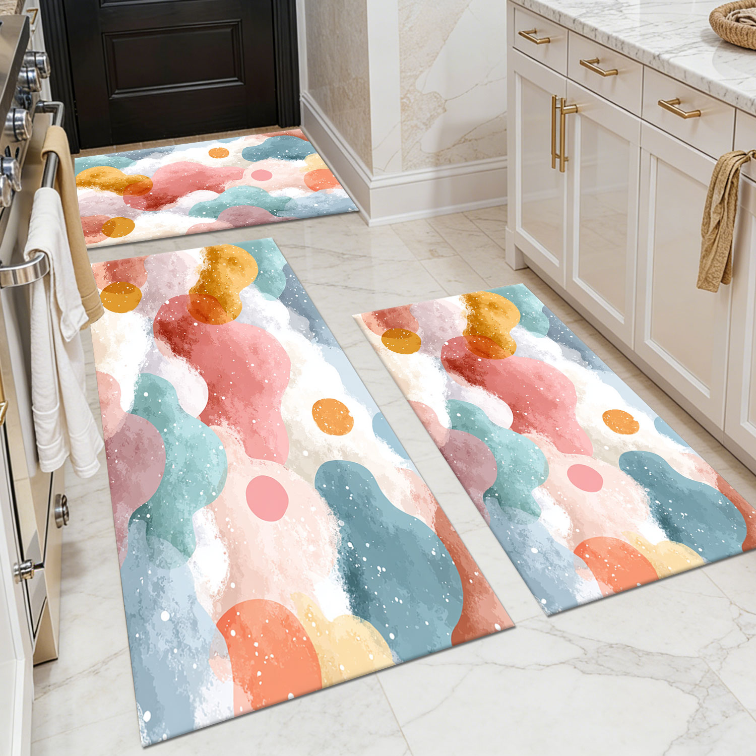Three-piece kitchen rug set, non-slip and washable, abstract pattern kitchen hallway rug, soft and comfortable, suitable for sinks, floors, entrances, hallways and bathrooms.