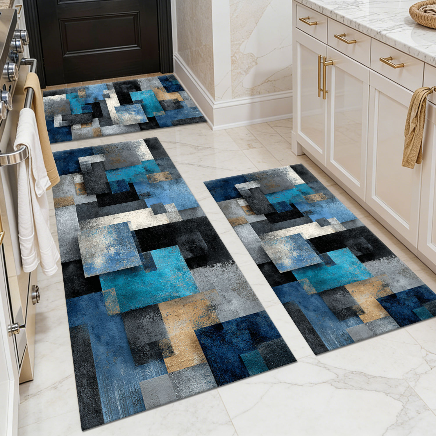 Three-piece kitchen rug set, non-slip and washable, abstract pattern kitchen hallway rug, soft and comfortable, suitable for sinks, floors, entrances, hallways and bathrooms.