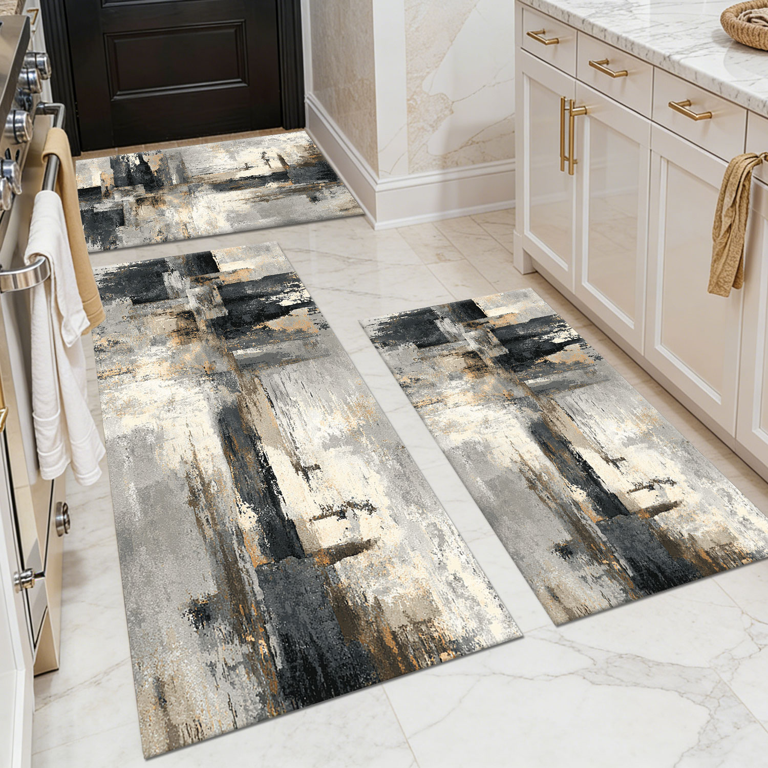 Three-piece kitchen rug set, non-slip and washable, abstract pattern kitchen hallway rug, soft and comfortable, suitable for sinks, floors, entrances, hallways and bathrooms.