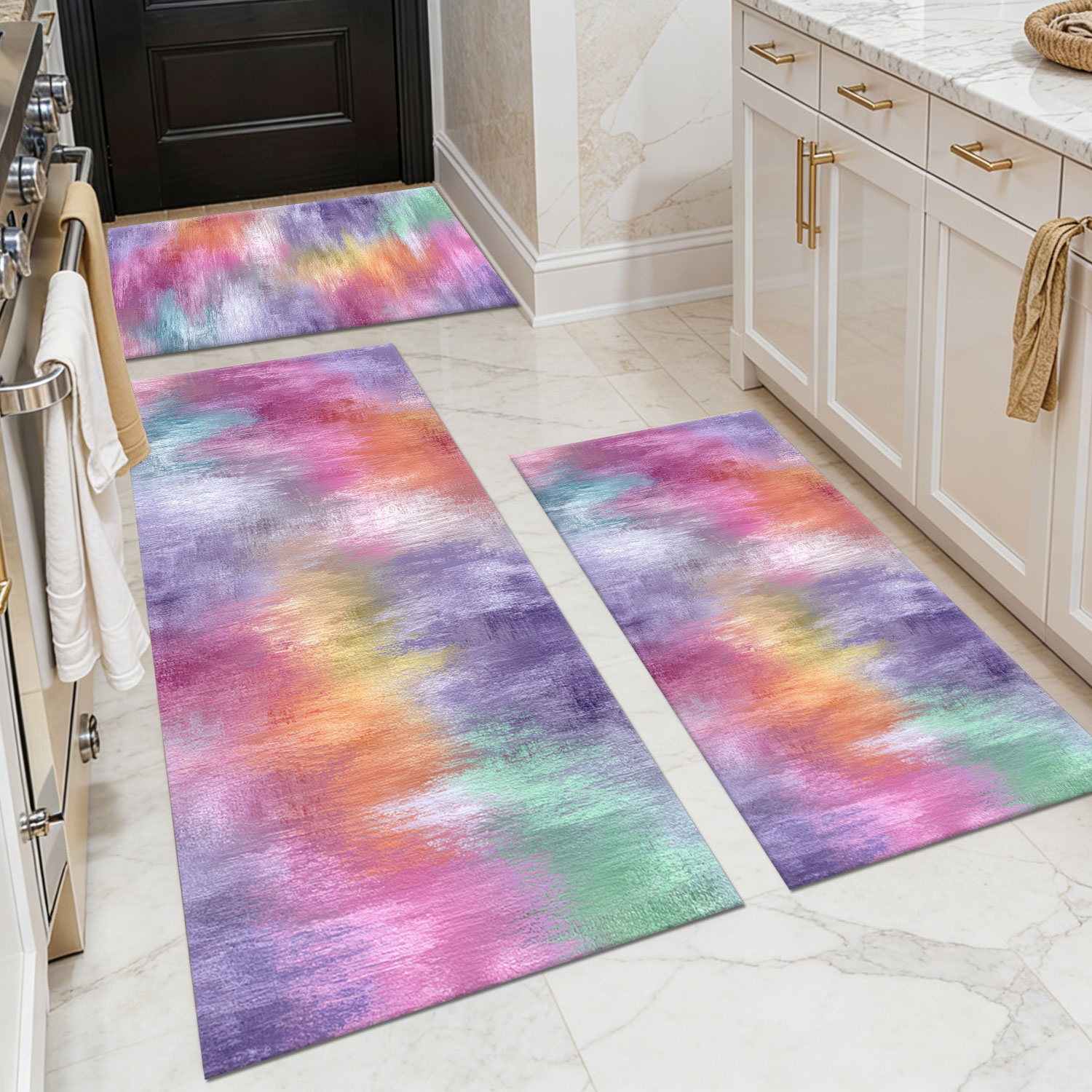 Three-piece kitchen rug set, non-slip and washable, abstract pattern kitchen hallway rug, soft and comfortable, suitable for sinks, floors, entrances, hallways and bathrooms.