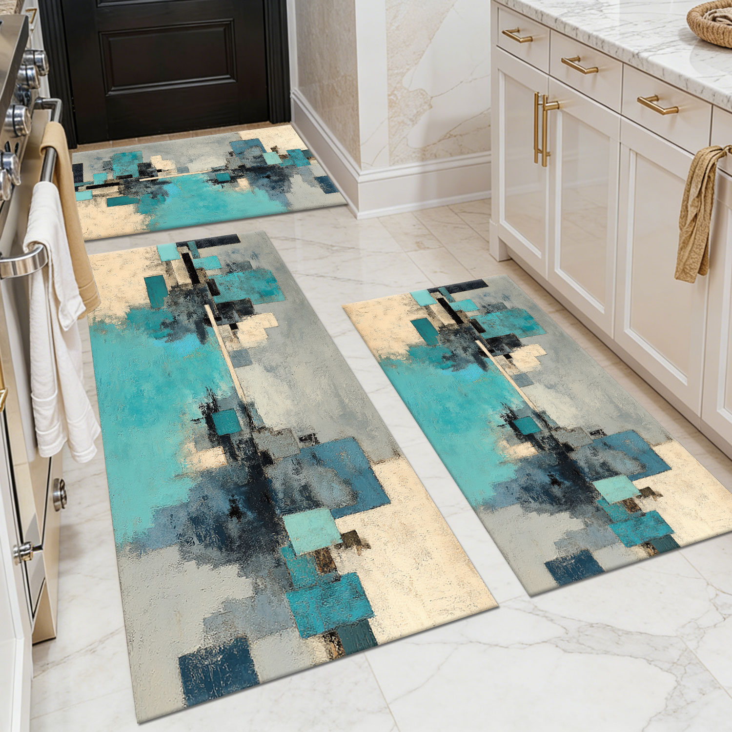 Three-piece kitchen rug set, non-slip and washable, abstract pattern kitchen hallway rug, soft and comfortable, suitable for sinks, floors, entrances, hallways and bathrooms.