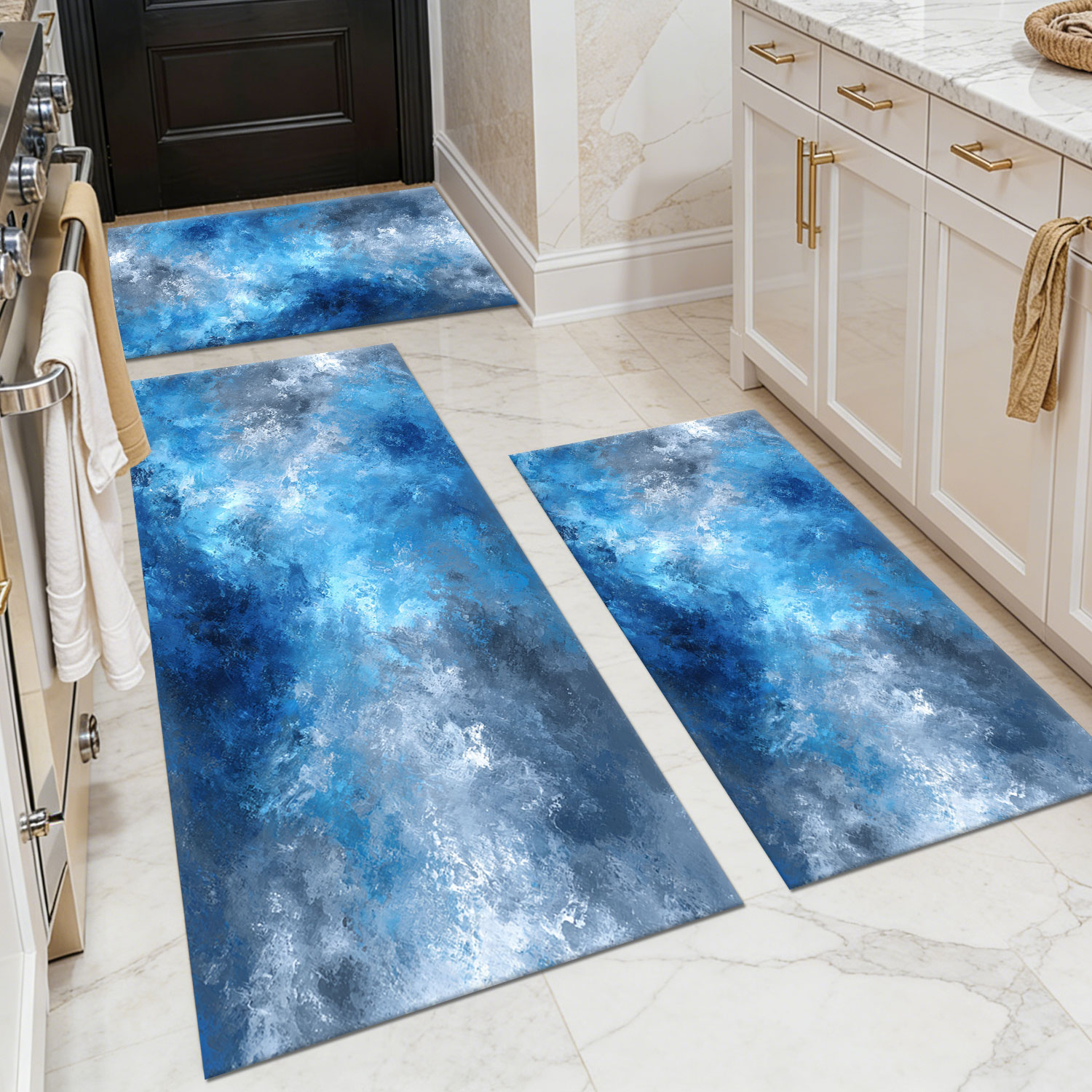 Three-piece kitchen rug set, non-slip and washable, abstract pattern kitchen hallway rug, soft and comfortable, suitable for sinks, floors, entrances, hallways and bathrooms.
