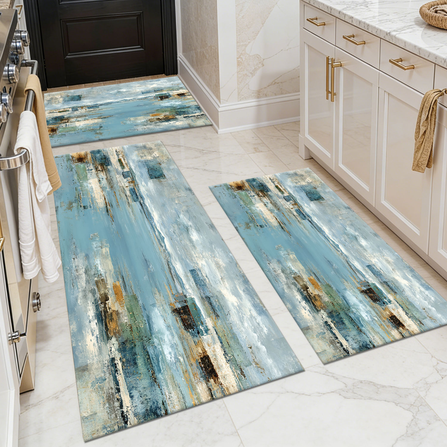Three-piece kitchen rug set, non-slip and washable, abstract pattern kitchen hallway rug, soft and comfortable, suitable for sinks, floors, entrances, hallways and bathrooms.
