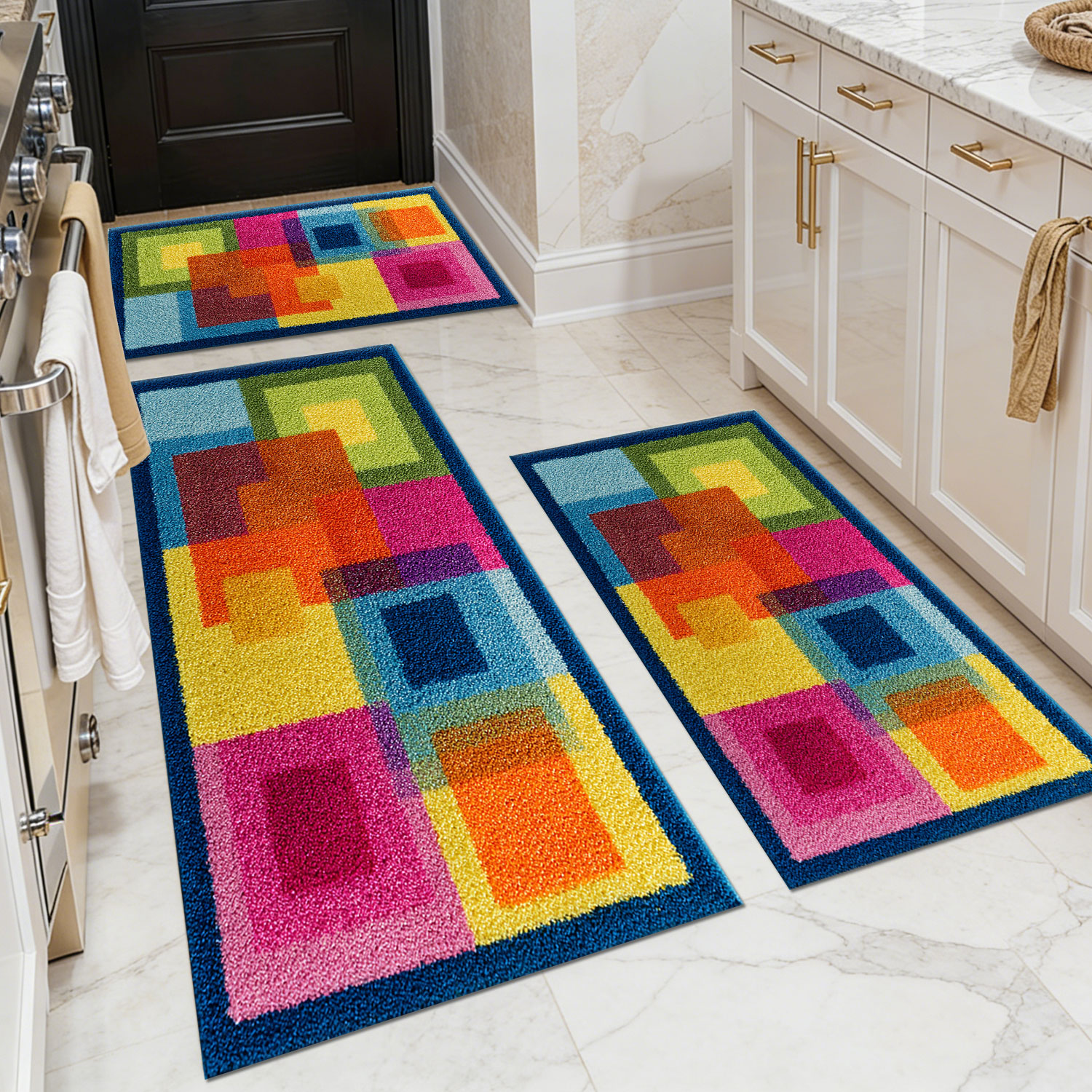 Three-piece kitchen rug set, non-slip and washable, abstract pattern kitchen hallway rug, soft and comfortable, suitable for sinks, floors, entrances, hallways and bathrooms.