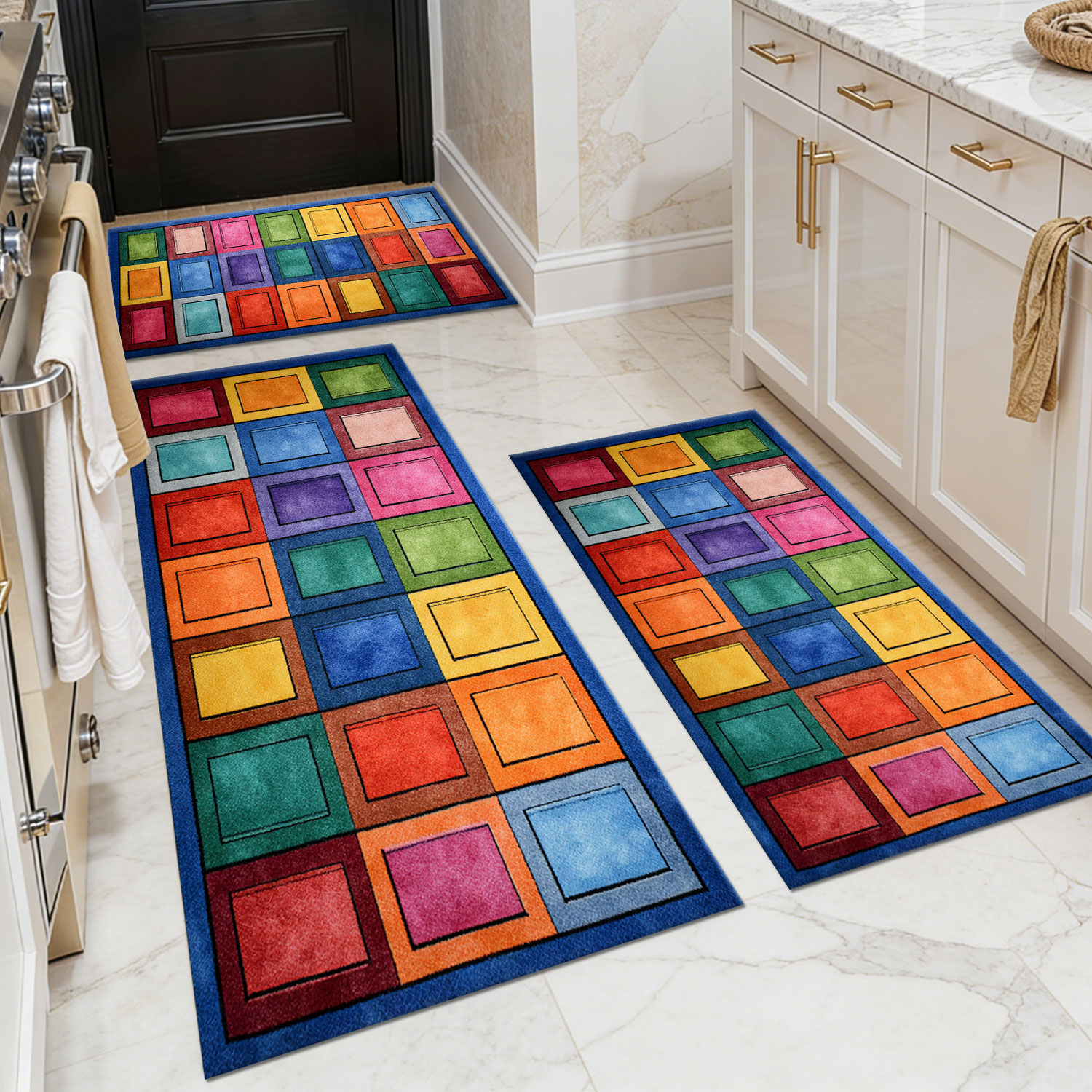 Three-piece kitchen rug set, non-slip and washable, abstract pattern kitchen hallway rug, soft and comfortable, suitable for sinks, floors, entrances, hallways and bathrooms.