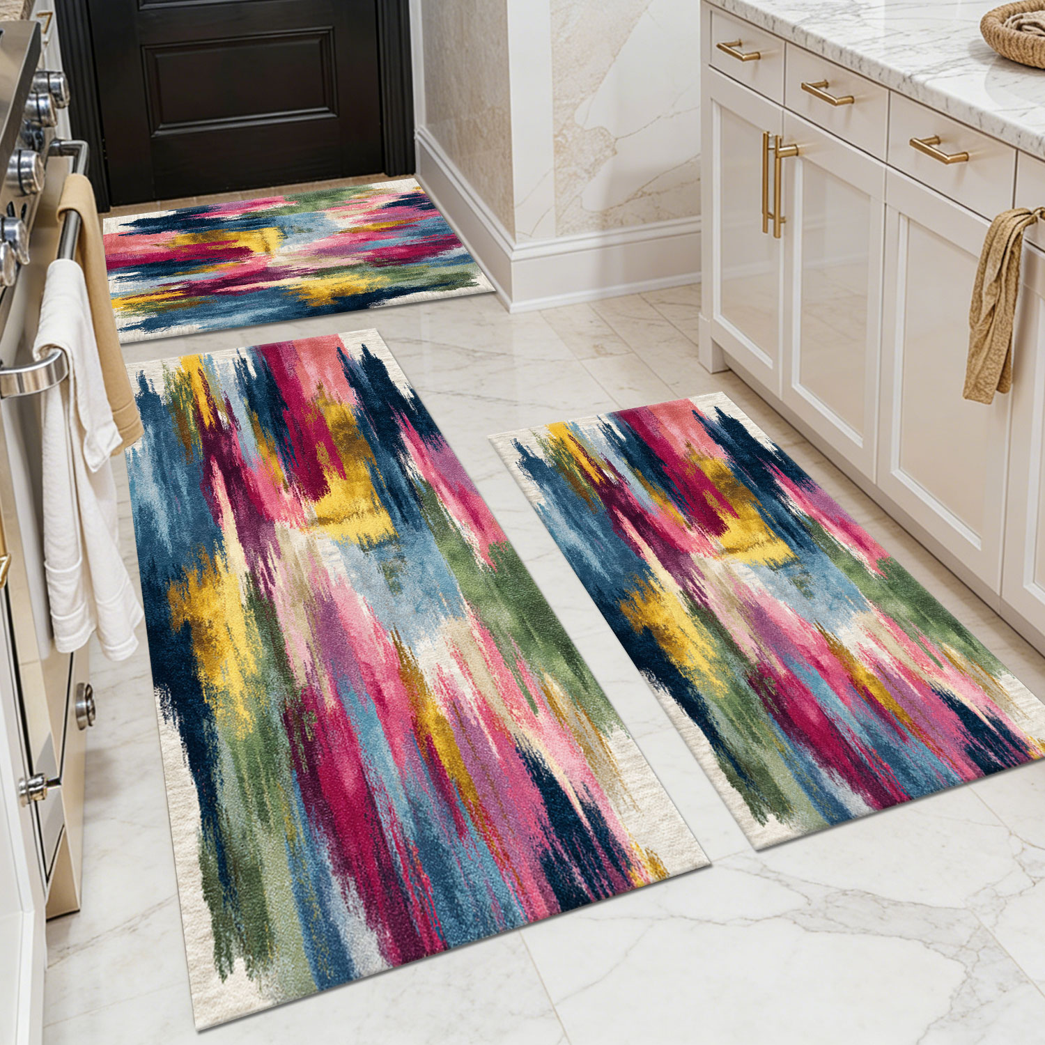 Three-piece kitchen rug set, non-slip and washable, abstract pattern kitchen hallway rug, soft and comfortable, suitable for sinks, floors, entrances, hallways and bathrooms.