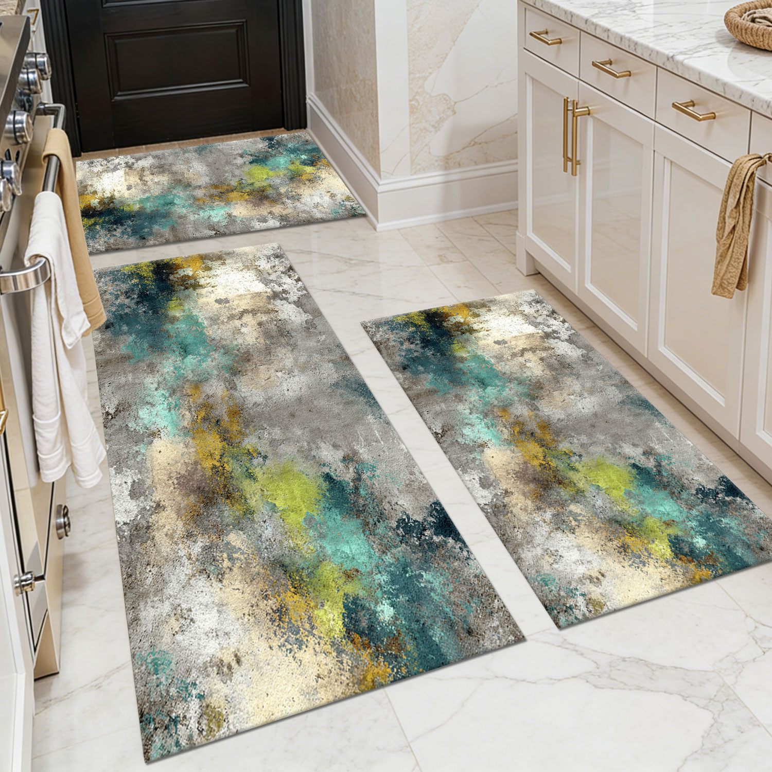 Three-piece kitchen rug set, non-slip and washable, abstract pattern kitchen hallway rug, soft and comfortable, suitable for sinks, floors, entrances, hallways and bathrooms.