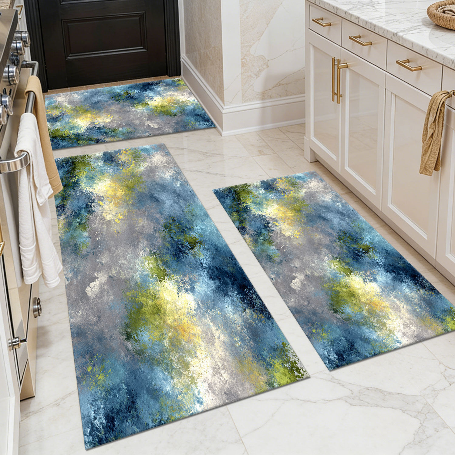 Three-piece kitchen rug set, non-slip and washable, abstract pattern kitchen hallway rug, soft and comfortable, suitable for sinks, floors, entrances, hallways and bathrooms.