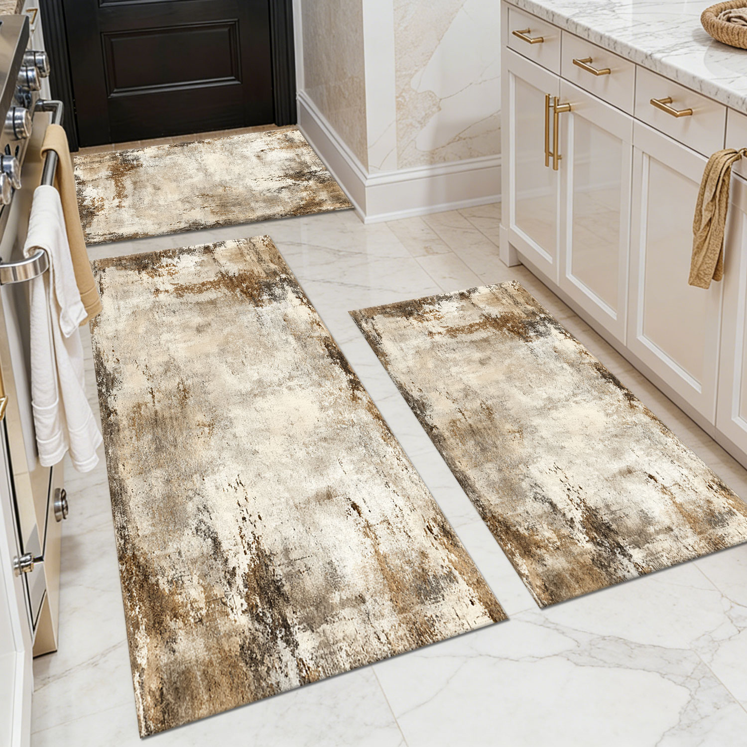 Three-piece kitchen rug set, non-slip and washable, abstract pattern kitchen hallway rug, soft and comfortable, suitable for sinks, floors, entrances, hallways and bathrooms.