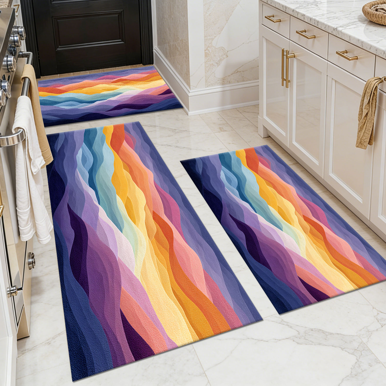 Three-piece kitchen rug set, non-slip and washable, abstract pattern kitchen hallway rug, soft and comfortable, suitable for sinks, floors, entrances, hallways and bathrooms.