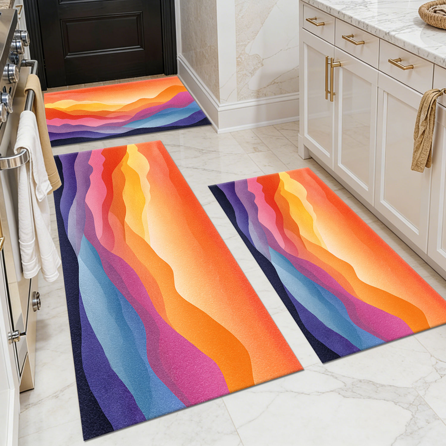 Three-piece kitchen rug set, non-slip and washable, abstract pattern kitchen hallway rug, soft and comfortable, suitable for sinks, floors, entrances, hallways and bathrooms.