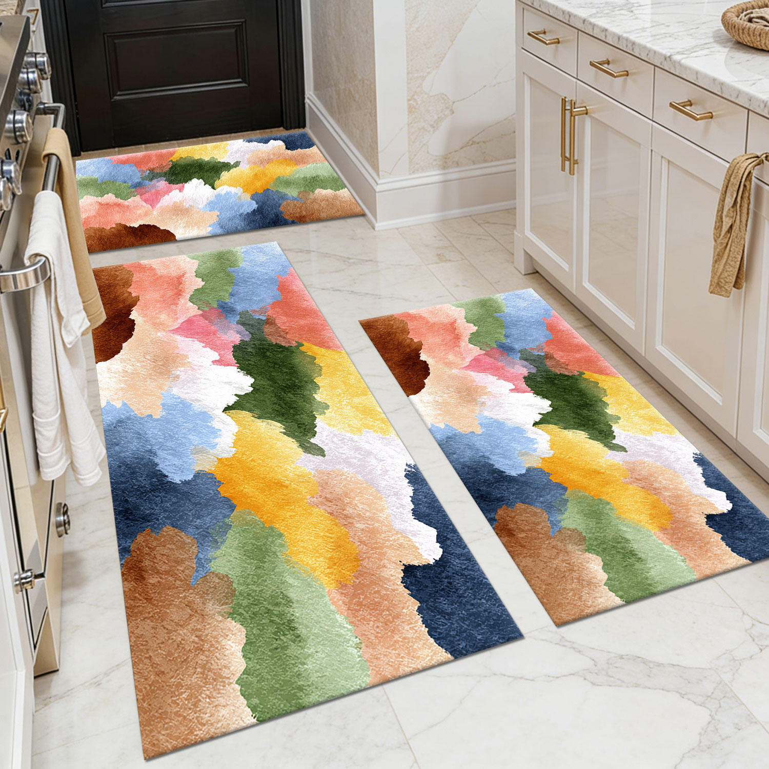 Three-piece kitchen rug set, non-slip and washable, abstract pattern kitchen hallway rug, soft and comfortable, suitable for sinks, floors, entrances, hallways and bathrooms.