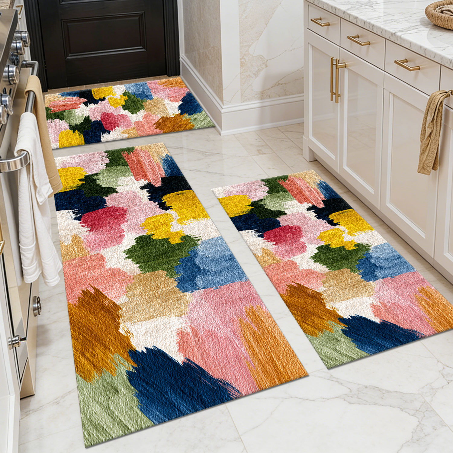 Three-piece kitchen rug set, non-slip and washable, abstract pattern kitchen hallway rug, soft and comfortable, suitable for sinks, floors, entrances, hallways and bathrooms.