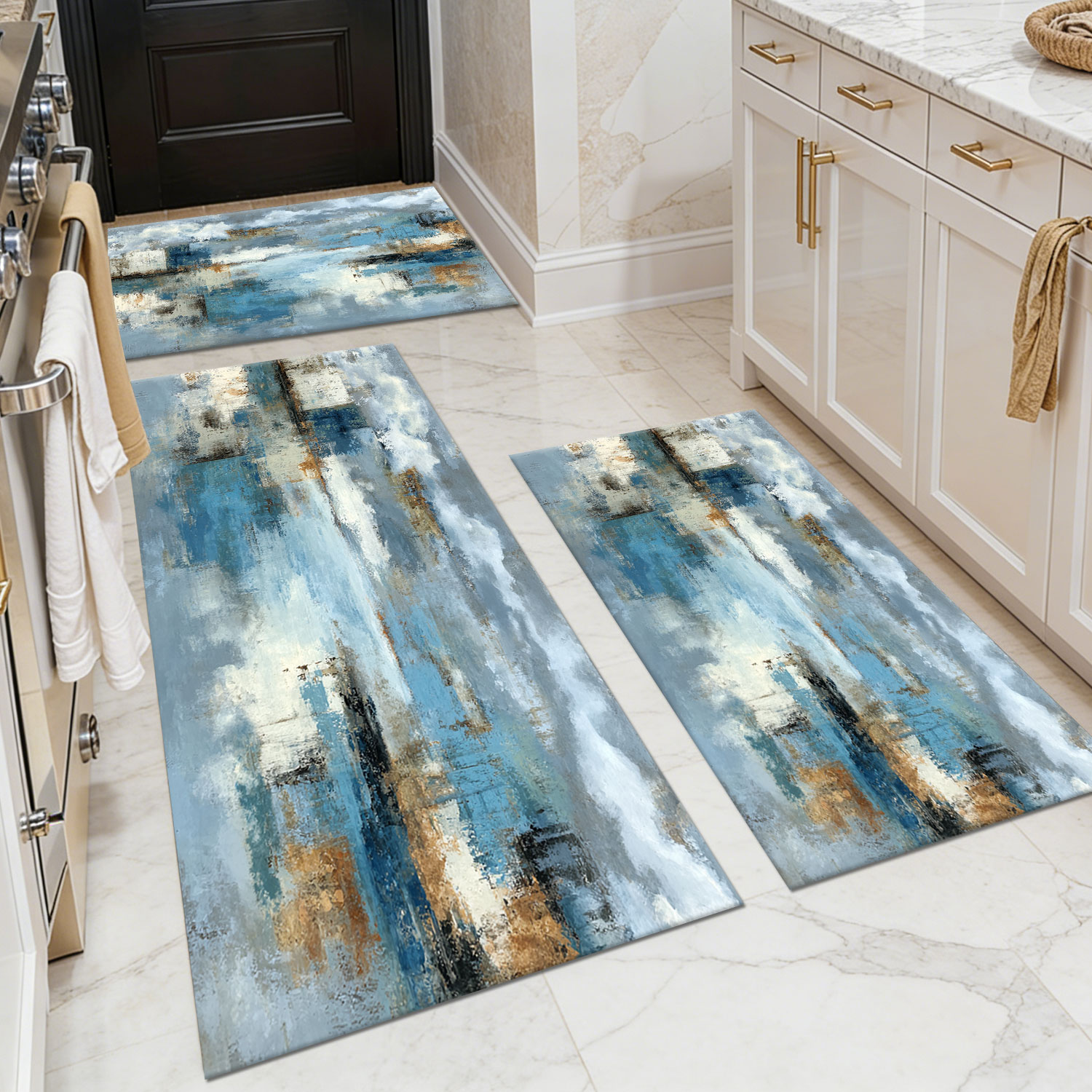 Three-piece kitchen rug set, non-slip and washable, abstract pattern kitchen hallway rug, soft and comfortable, suitable for sinks, floors, entrances, hallways and bathrooms.