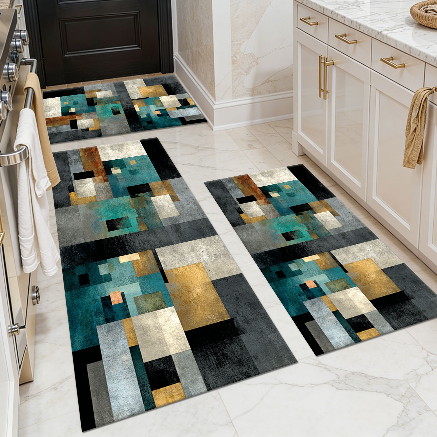 Three-piece kitchen rug set, non-slip and washable, abstract pattern kitchen hallway rug, soft and comfortable, suitable for sinks, floors, entrances, hallways and bathrooms.