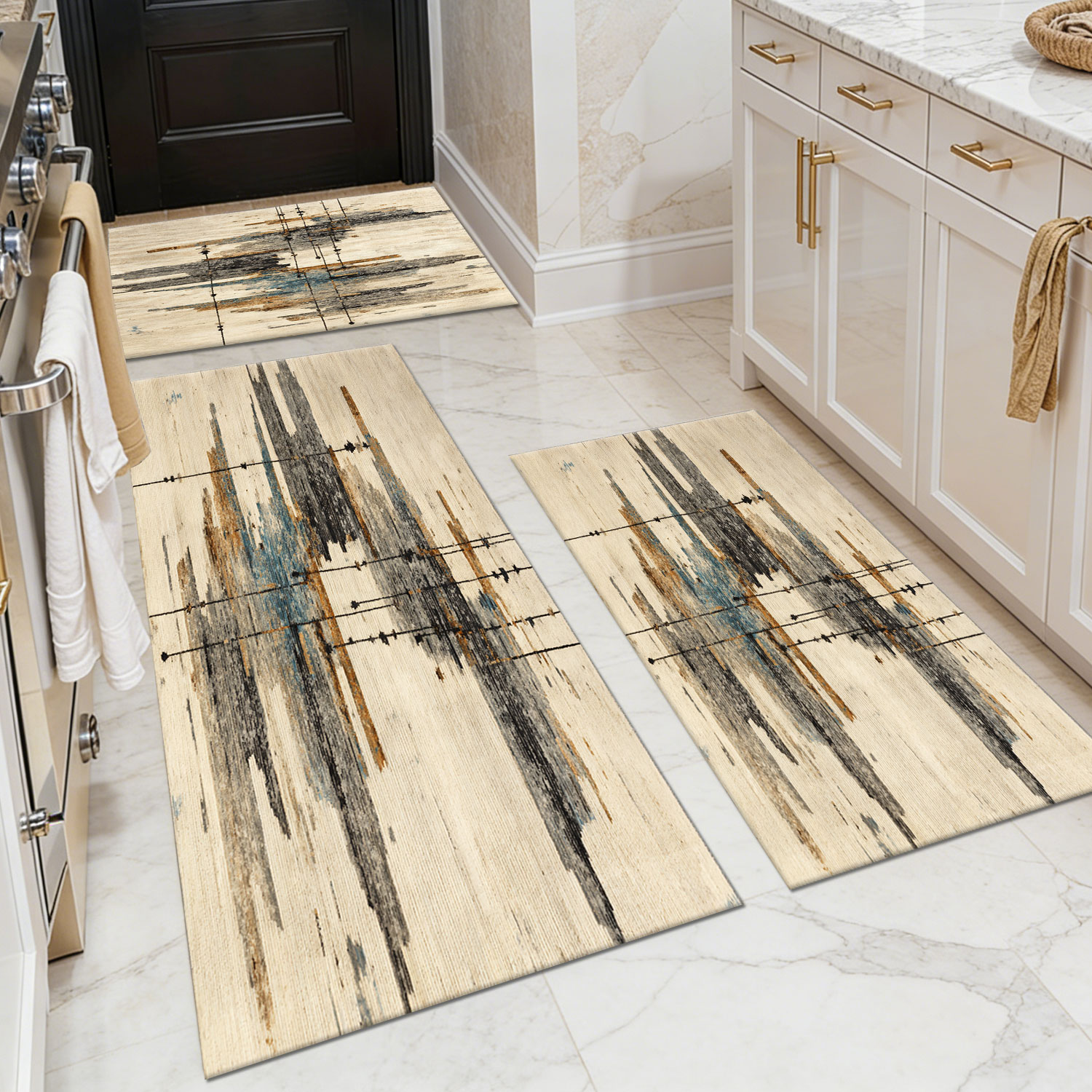 Three-piece kitchen rug set, non-slip and washable, abstract pattern kitchen hallway rug, soft and comfortable, suitable for sinks, floors, entrances, hallways and bathrooms.