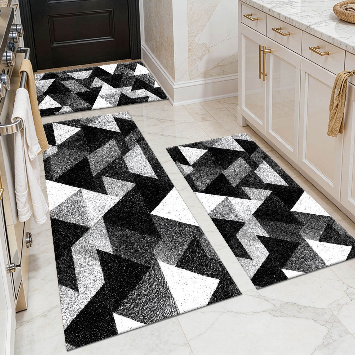 Three-piece kitchen rug set, non-slip and washable, abstract pattern kitchen hallway rug, soft and comfortable, suitable for sinks, floors, entrances, hallways and bathrooms.
