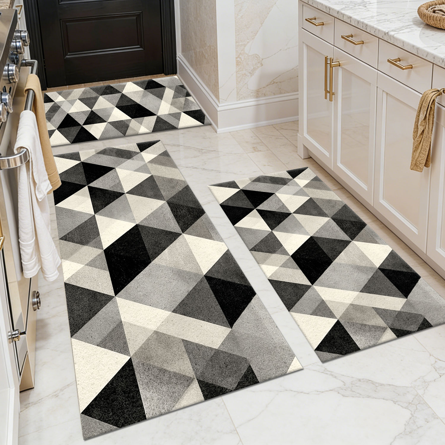 Three-piece kitchen rug set, non-slip and washable, abstract pattern kitchen hallway rug, soft and comfortable, suitable for sinks, floors, entrances, hallways and bathrooms.
