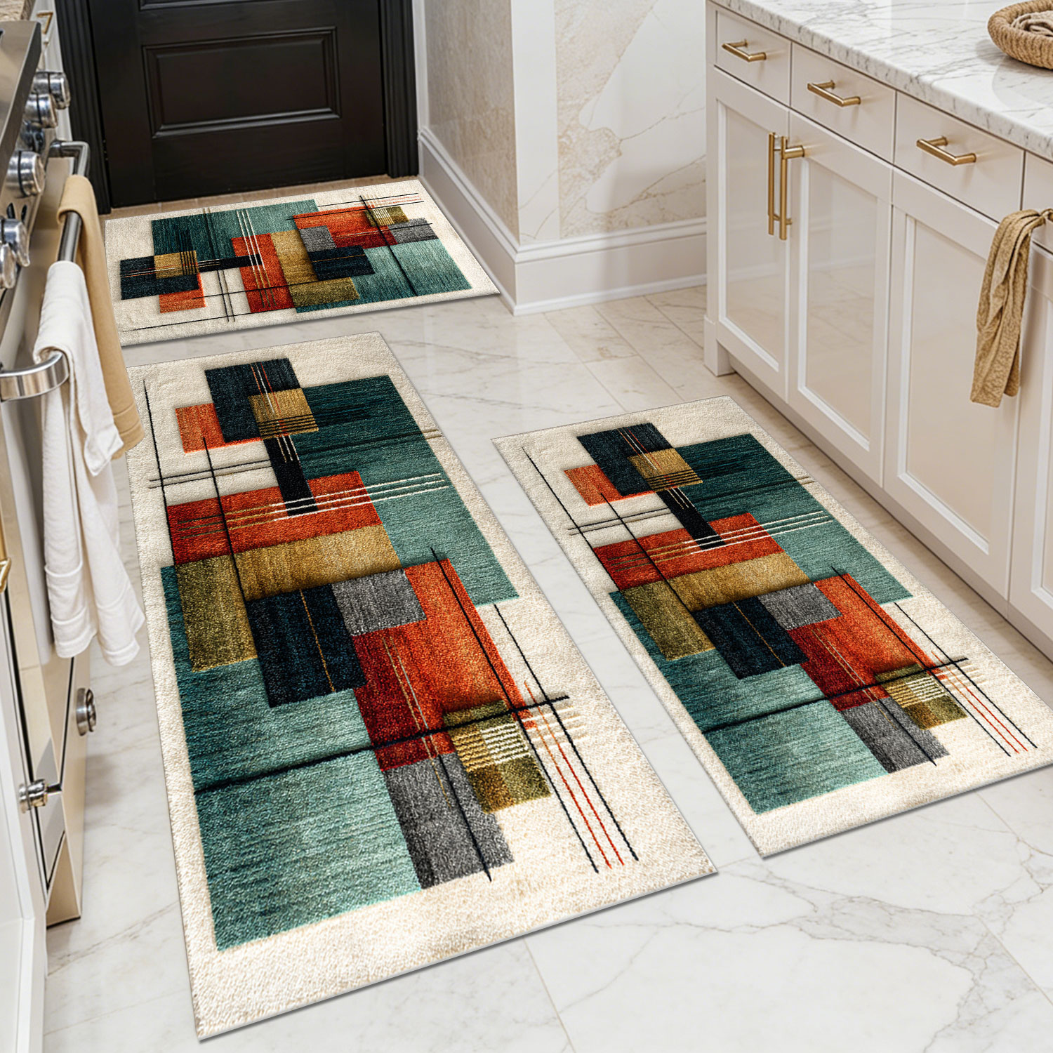 Three-piece kitchen rug set, non-slip and washable, abstract pattern kitchen hallway rug, soft and comfortable, suitable for sinks, floors, entrances, hallways and bathrooms.