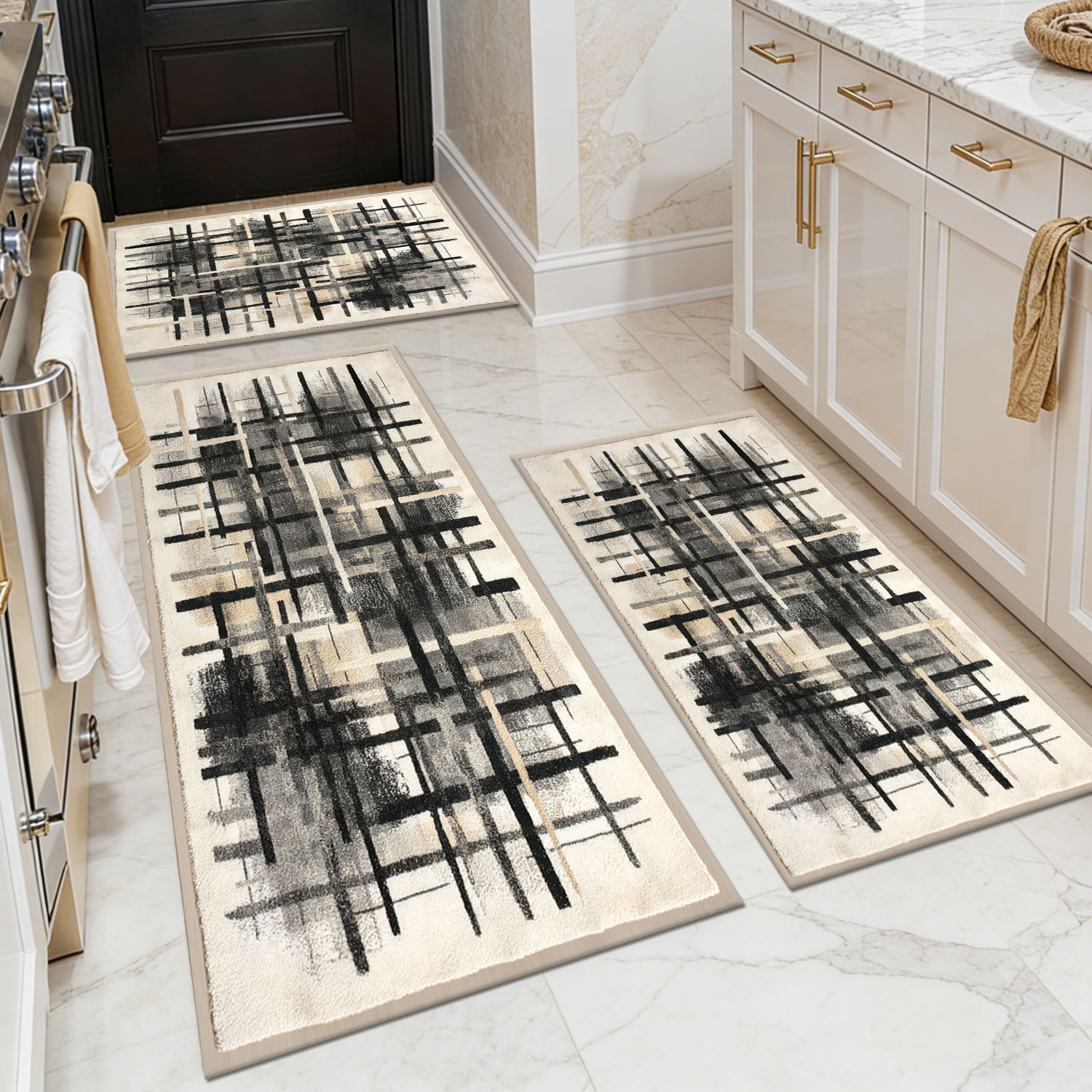 Three-piece kitchen rug set, non-slip and washable, abstract pattern kitchen hallway rug, soft and comfortable, suitable for sinks, floors, entrances, hallways and bathrooms.