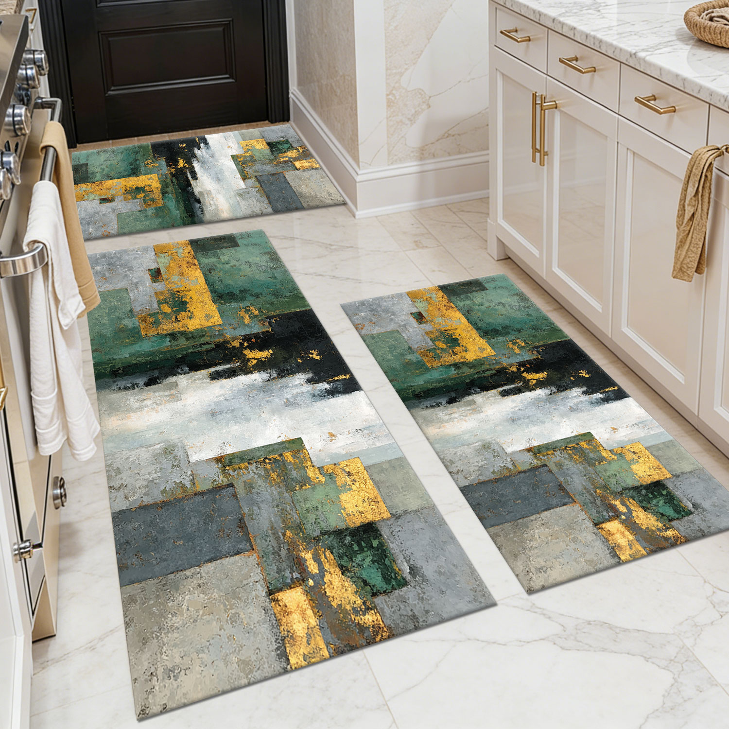 Three-piece kitchen rug set, non-slip and washable, abstract pattern kitchen hallway rug, soft and comfortable, suitable for sinks, floors, entrances, hallways and bathrooms.