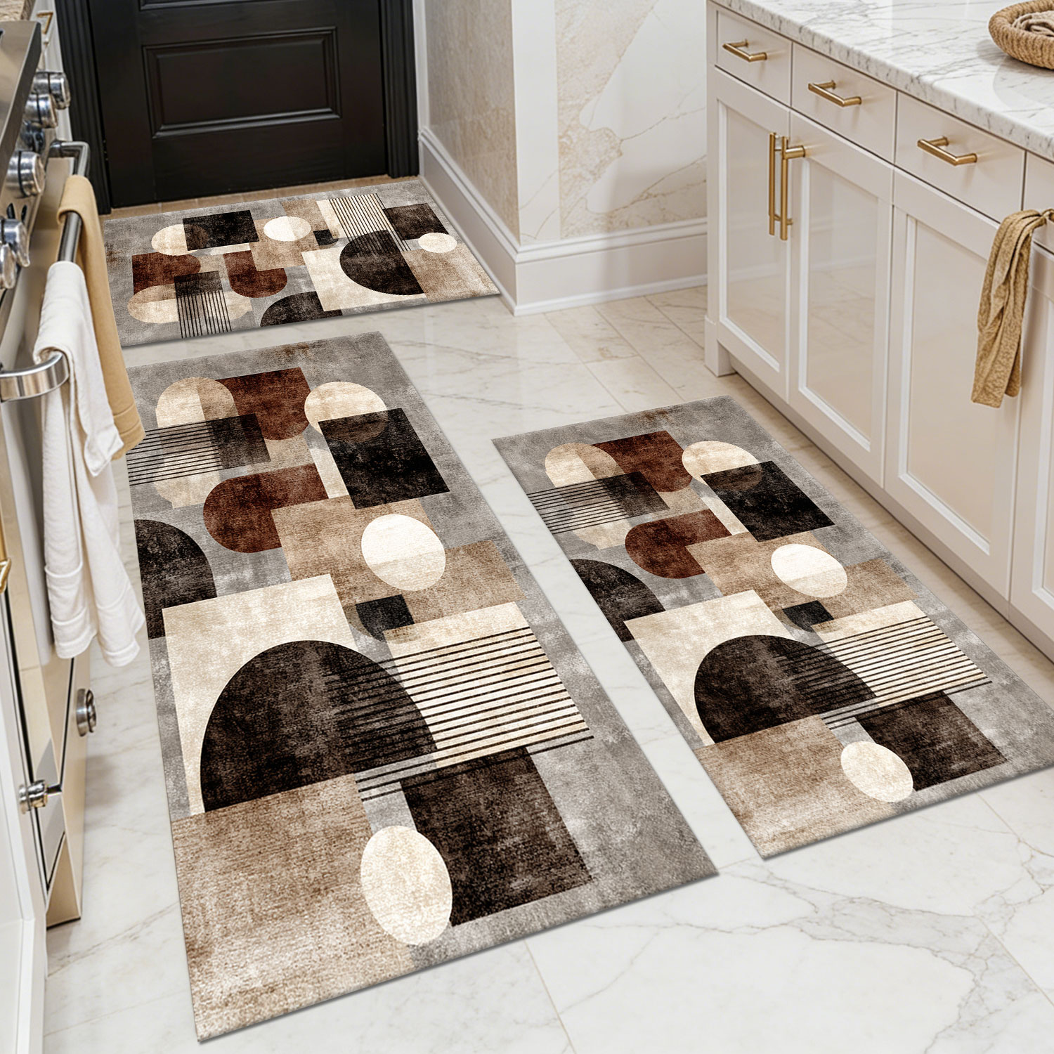 Three-piece kitchen rug set, non-slip and washable, abstract pattern kitchen hallway rug, soft and comfortable, suitable for sinks, floors, entrances, hallways and bathrooms.