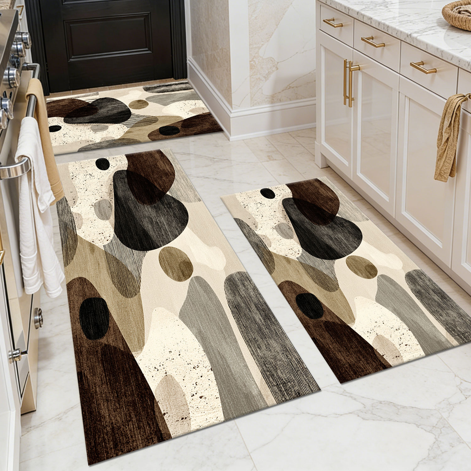 Three-piece kitchen rug set, non-slip and washable, abstract pattern kitchen hallway rug, soft and comfortable, suitable for sinks, floors, entrances, hallways and bathrooms.