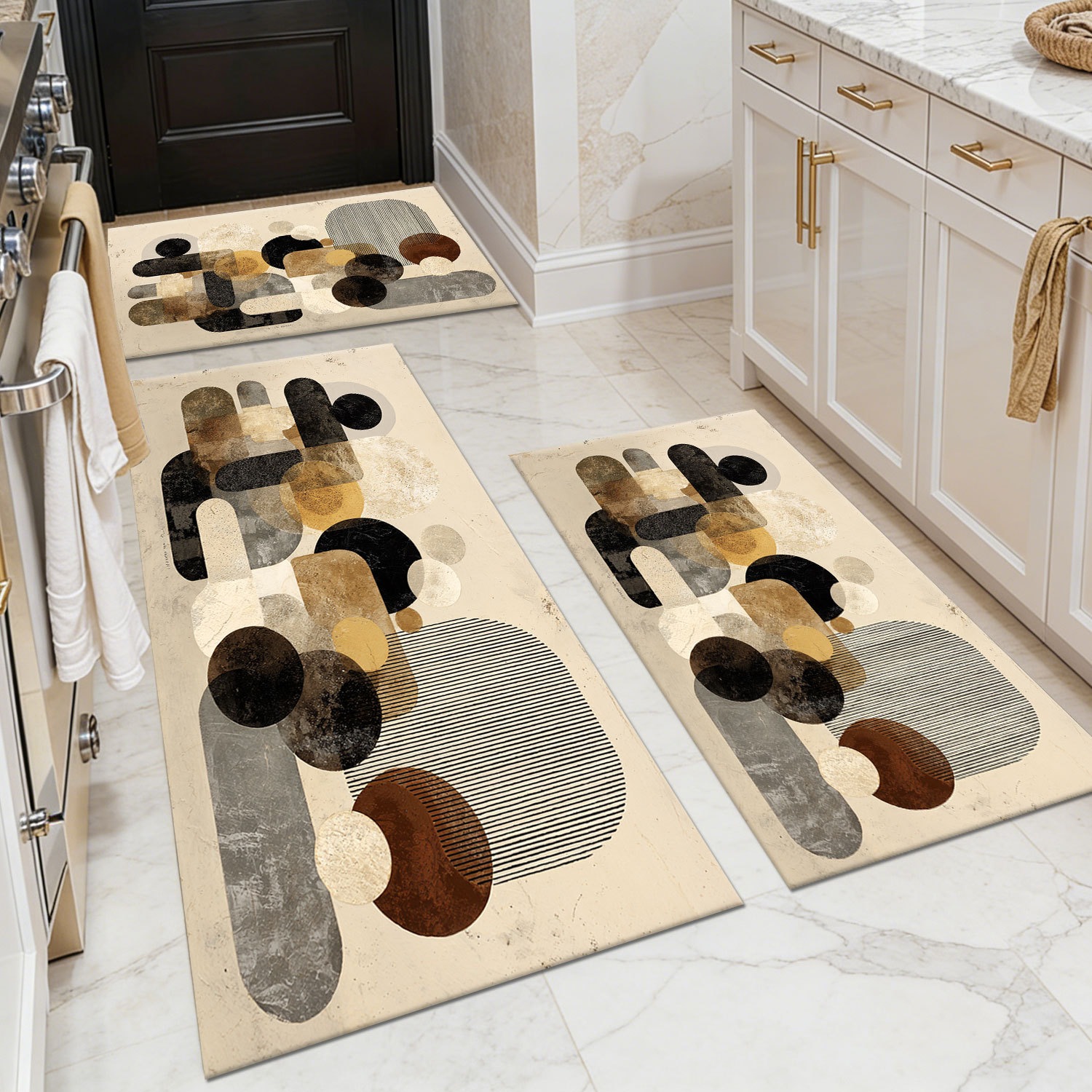 Three-piece kitchen rug set, non-slip and washable, abstract pattern kitchen hallway rug, soft and comfortable, suitable for sinks, floors, entrances, hallways and bathrooms.