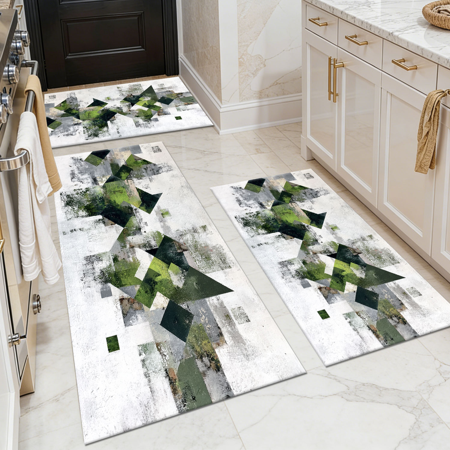 Three-piece kitchen rug set, non-slip and washable, abstract pattern kitchen hallway rug, soft and comfortable, suitable for sinks, floors, entrances, hallways and bathrooms.