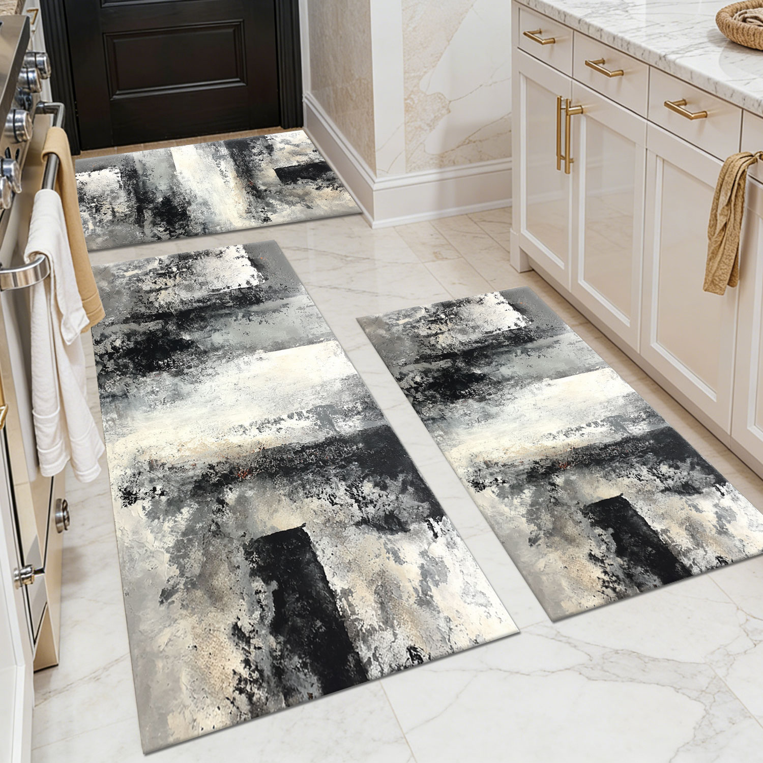 Three-piece kitchen rug set, non-slip and washable, abstract pattern kitchen hallway rug, soft and comfortable, suitable for sinks, floors, entrances, hallways and bathrooms.
