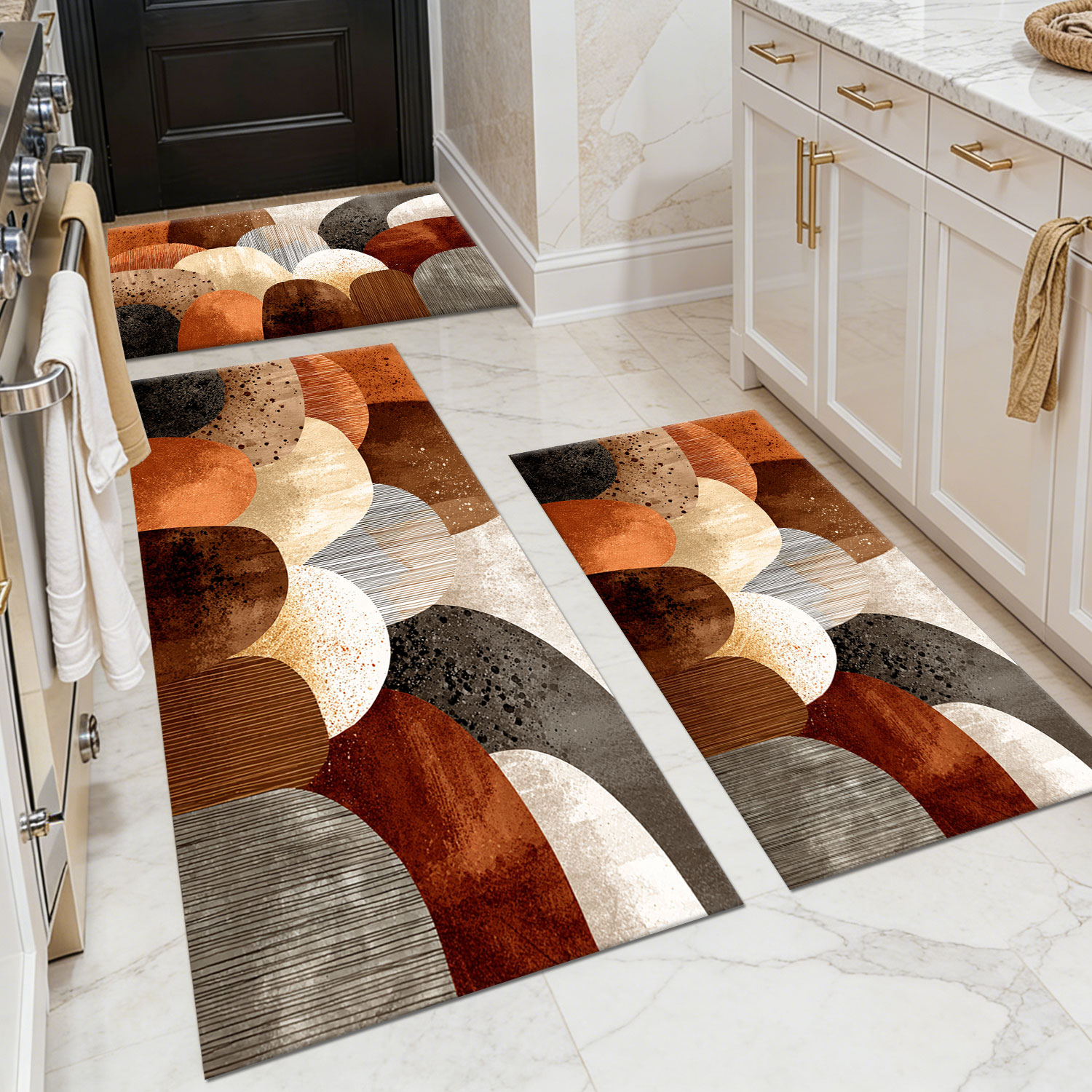 Three-piece kitchen rug set, non-slip and washable, abstract pattern kitchen hallway rug, soft and comfortable, suitable for sinks, floors, entrances, hallways and bathrooms.