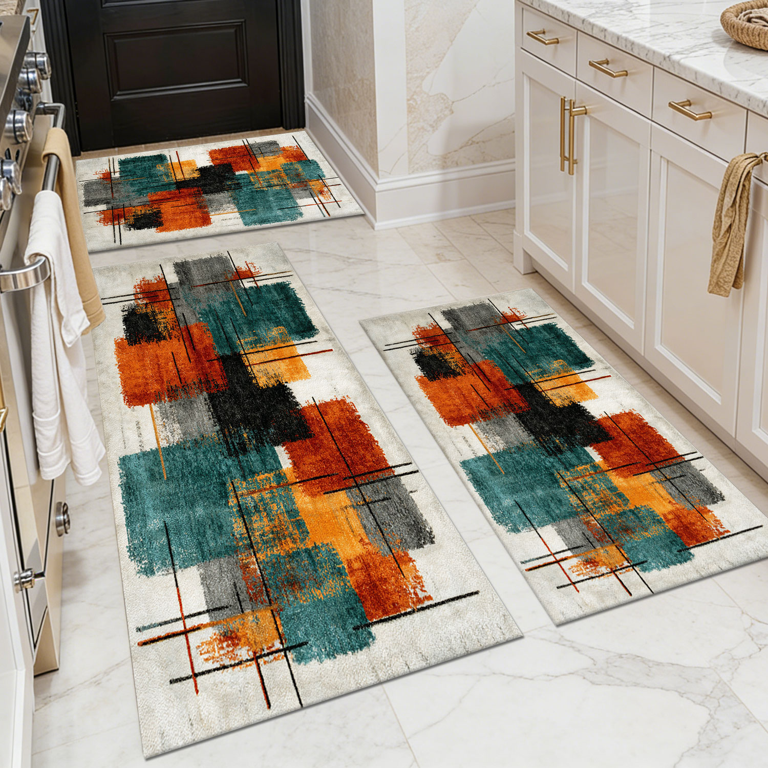 Three-piece kitchen rug set, non-slip and washable, abstract pattern kitchen hallway rug, soft and comfortable, suitable for sinks, floors, entrances, hallways and bathrooms.