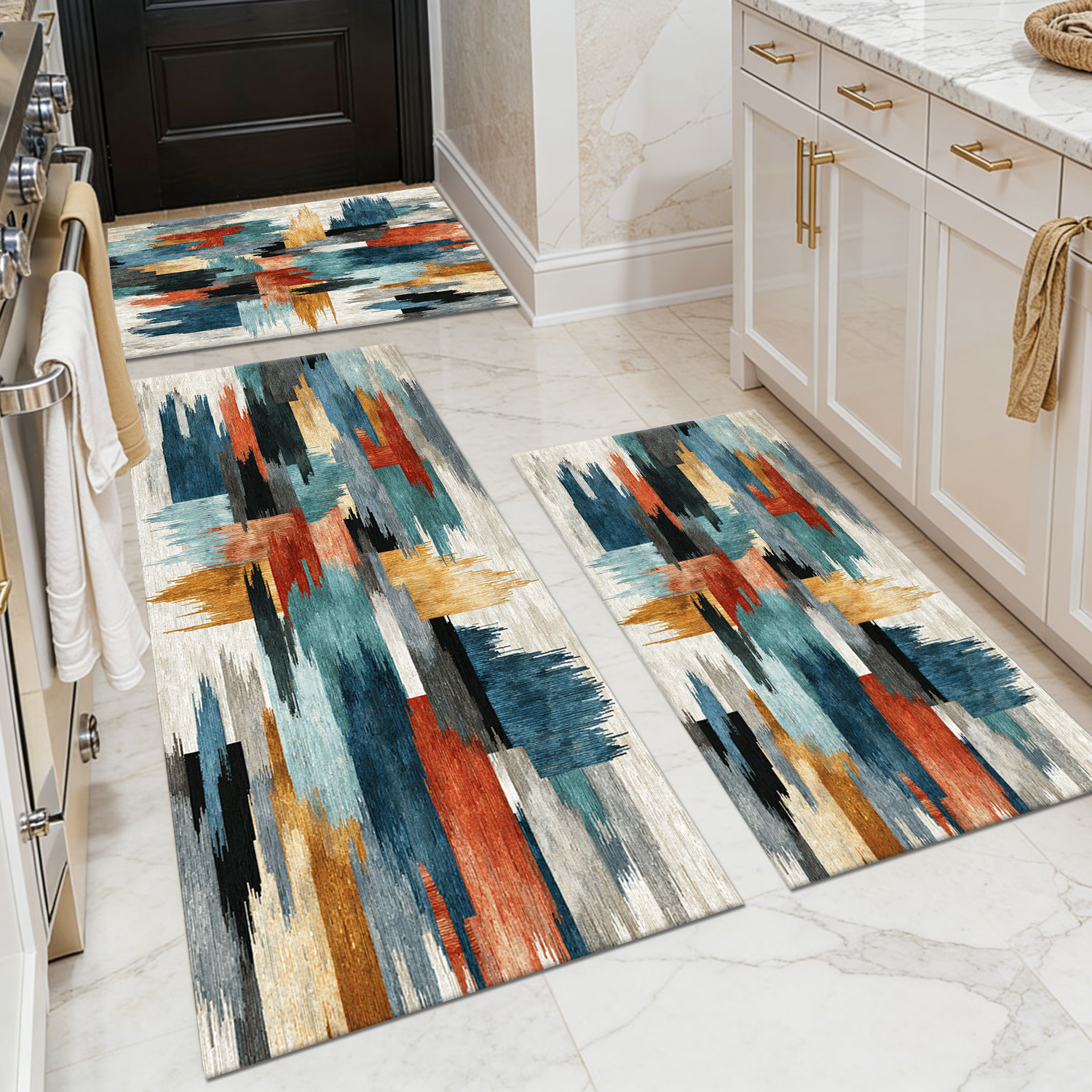 Three-piece kitchen rug set, non-slip and washable, abstract pattern kitchen hallway rug, soft and comfortable, suitable for sinks, floors, entrances, hallways and bathrooms.