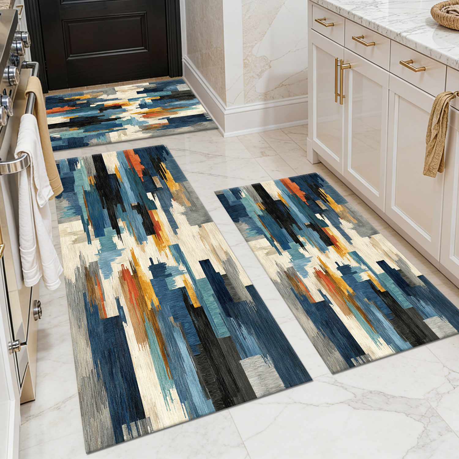 Three-piece kitchen rug set, non-slip and washable, abstract pattern kitchen hallway rug, soft and comfortable, suitable for sinks, floors, entrances, hallways and bathrooms.