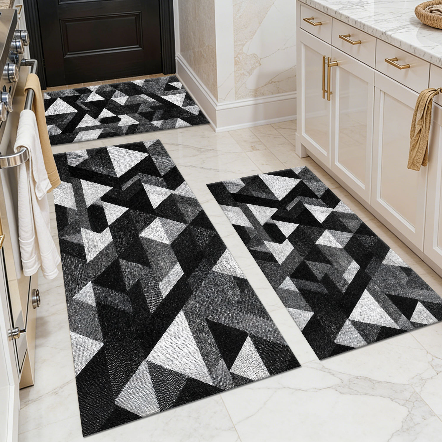 Three-piece kitchen rug set, non-slip and washable, abstract pattern kitchen hallway rug, soft and comfortable, suitable for sinks, floors, entrances, hallways and bathrooms.