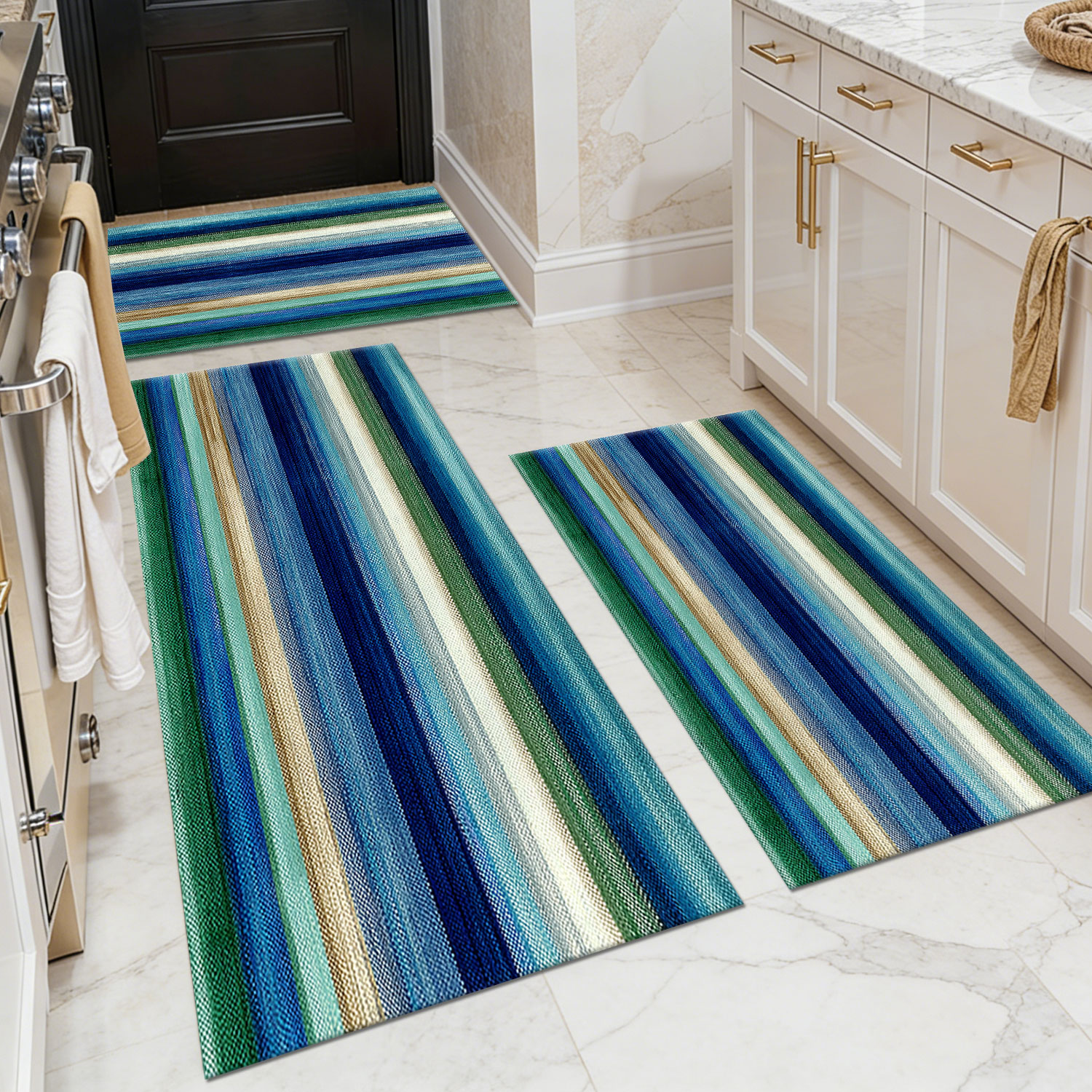 Three-piece kitchen rug set, non-slip and washable, abstract pattern kitchen hallway rug, soft and comfortable, suitable for sinks, floors, entrances, hallways and bathrooms.