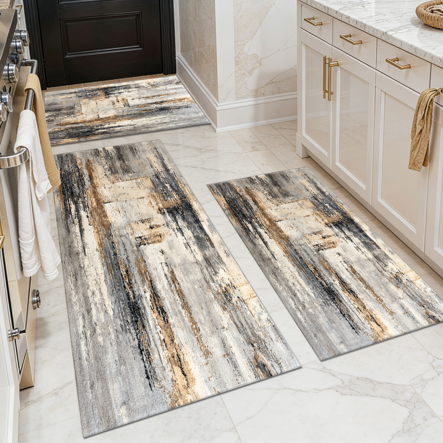 Three-piece kitchen rug set, non-slip and washable, abstract pattern kitchen hallway rug, soft and comfortable, suitable for sinks, floors, entrances, hallways and bathrooms.
