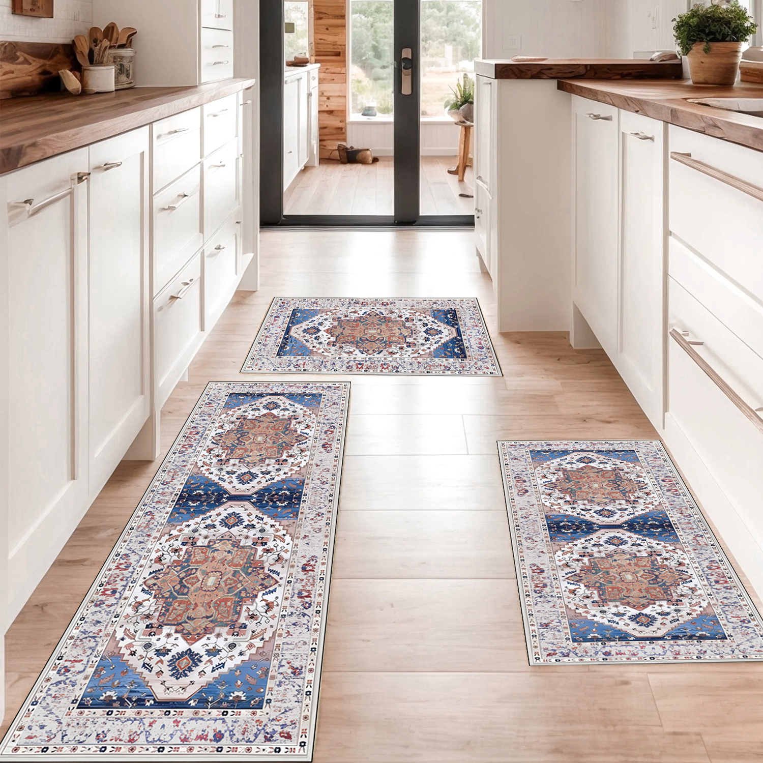 (仿羊绒水洗底)厨房地垫套装3件装厨房防滑地垫三件套厨房长条地毯套装可水洗波西米亚风厨房地毯洗衣房专用地毯