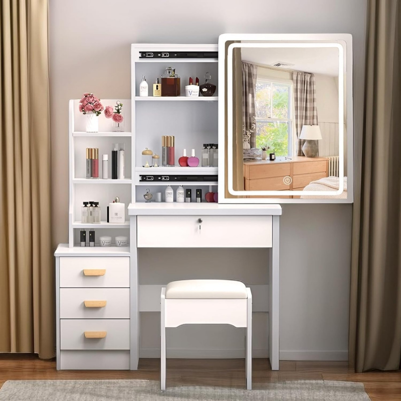 带镜子和灯的梳妆台，化妆桌配有滑动镜、抽屉和储物架，带凳子，亮度可调，3种照明模式，适用于卧室，白色。