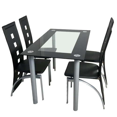 110cm Dining Table Set Tempered Glass Dining Table with 4pcs Chairs Transparent & Black(Ship From USA)