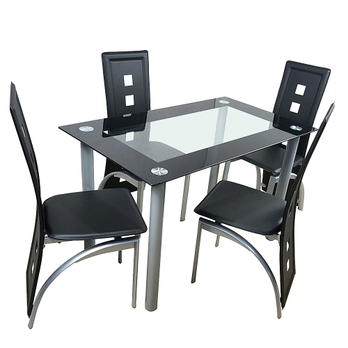 110cm Dining Table Set Tempered Glass Dining Table with 4pcs Chairs Transparent & Black(Ship From USA)