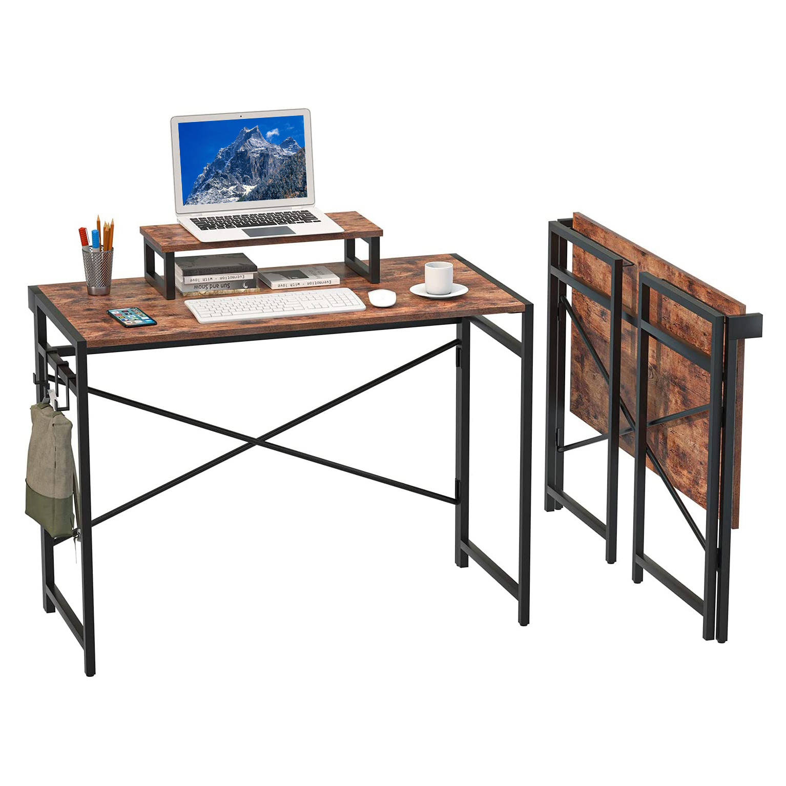 折叠桌 无需组装 办公桌，带显示器升降器和 3 个挂钩，适用于家庭和户外（棕色）