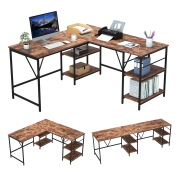 L型办公桌带架子电脑桌可翻转电脑桌或2人长桌，适合家庭办公写作和学习（棕色）