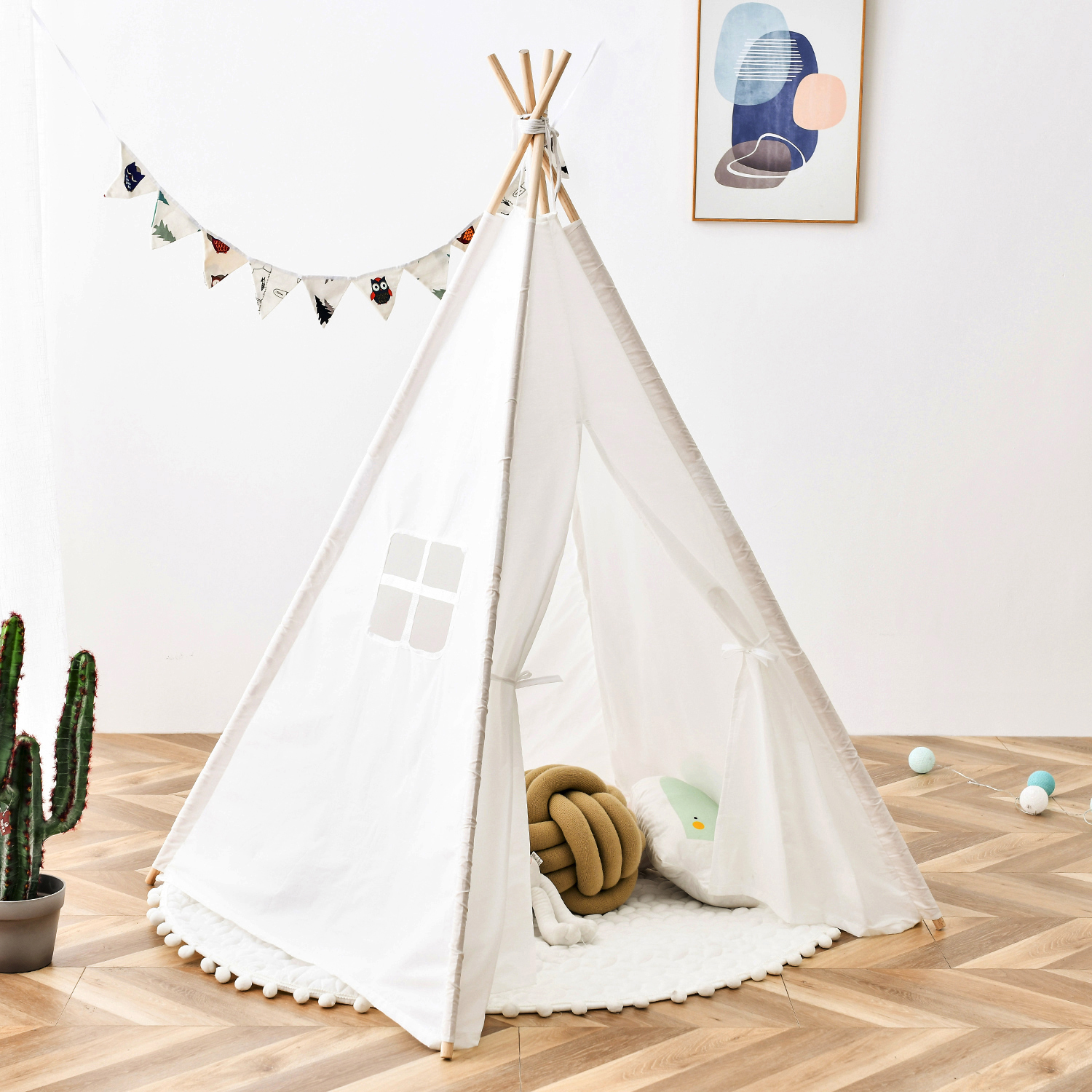 圆锥形儿童帐篷天然棉帆布稳定框架室内户外安全过家玩具适用男孩女孩